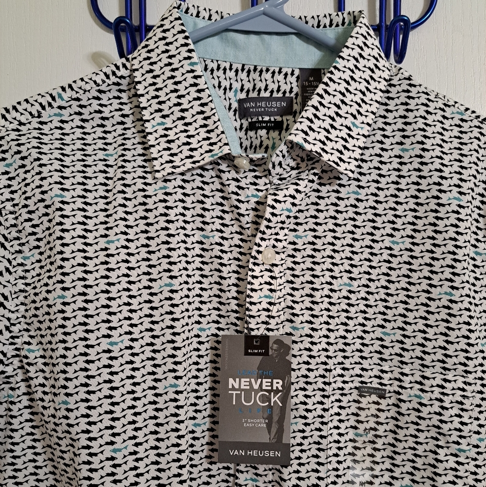 NWT Van Heusen Slim Never Tuck Shark Print Shirt M - Picture 2 of 6